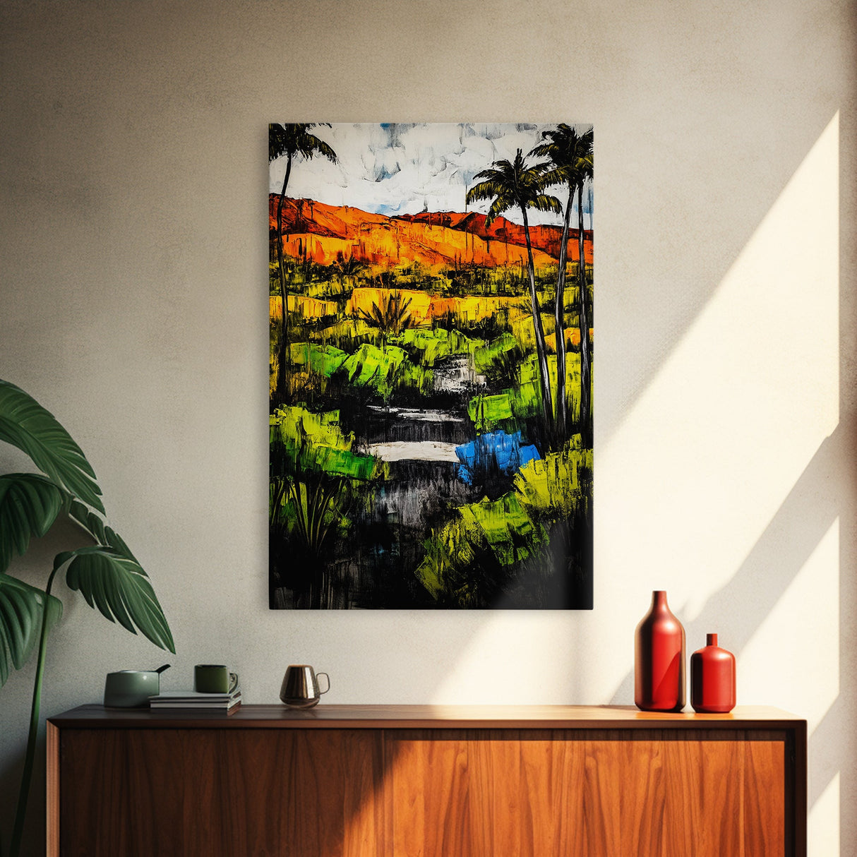 Tropical Landscape, Palm Trees, Sunset Glow, Framed Canvas Print, Vibrant Wall Art, Living Room Decor, Modern Colorful Art, Nature Scene