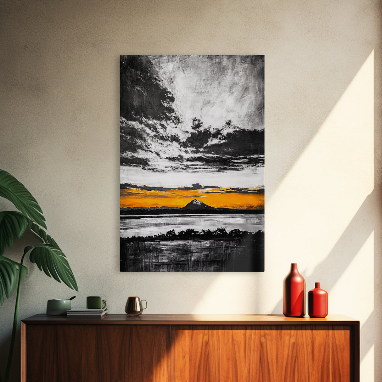 Volcanic Sunset, Black and White, Dramatic Sky, Framed Canvas Print, Moody Wall Art, Modern Landscape, Office Decor, Nature Aesthetic