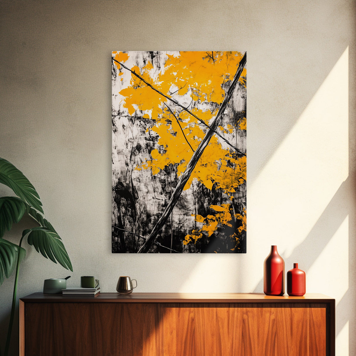 Abstract Autumn Leaves, Black White Orange, Nature Wall Art, Rustic Decor, Minimalist Fall Artwork, Living Room Art, Framed Canvas Print