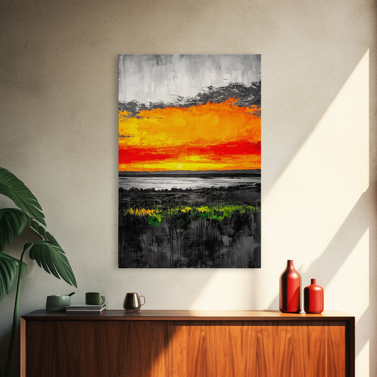 Fiery Sunset Glow, Dramatic Sky Painting, Vibrant Landscape Art, Living Room Decor, Bold Color Wall Art, Framed Canvas Print
