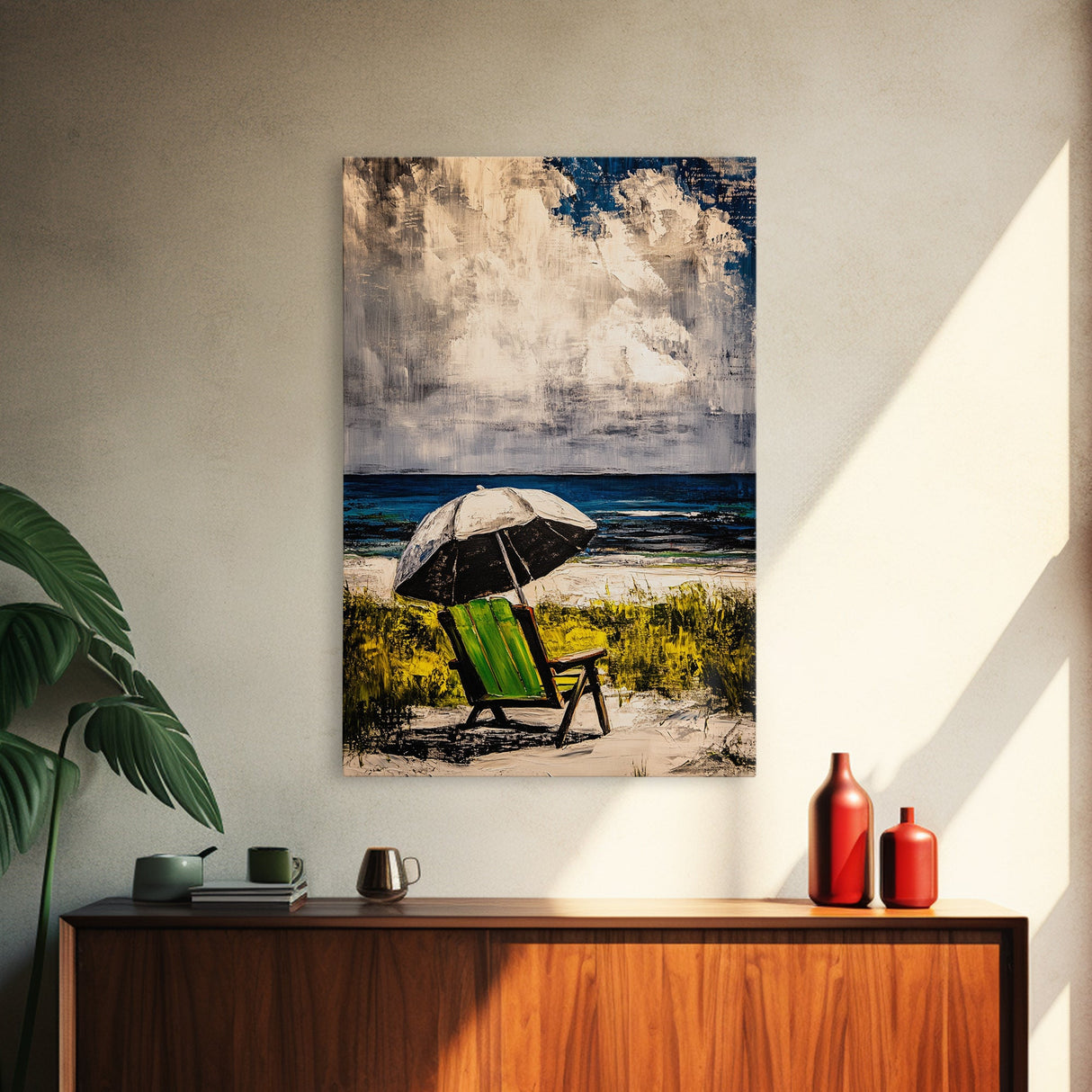 Seaside Relaxation Art, Green Beach Chair, Black White Umbrella, Ocean Scene, Serene Wall Decor, Nautical Home Artwork, Canvas Print