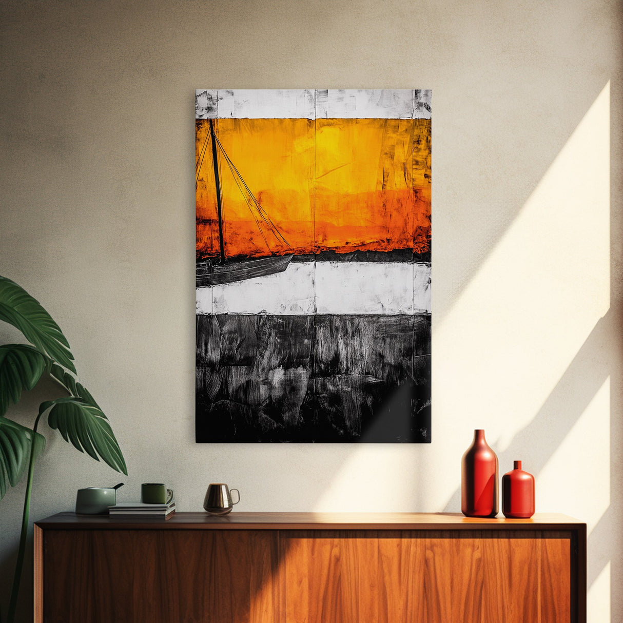 Sunset Sailboat, Nautical Art, Coastal Wall Decor, Warm Color Palette, Abstract Seascape, Modern Ocean Art, Vibrant Painting, Canvas Print