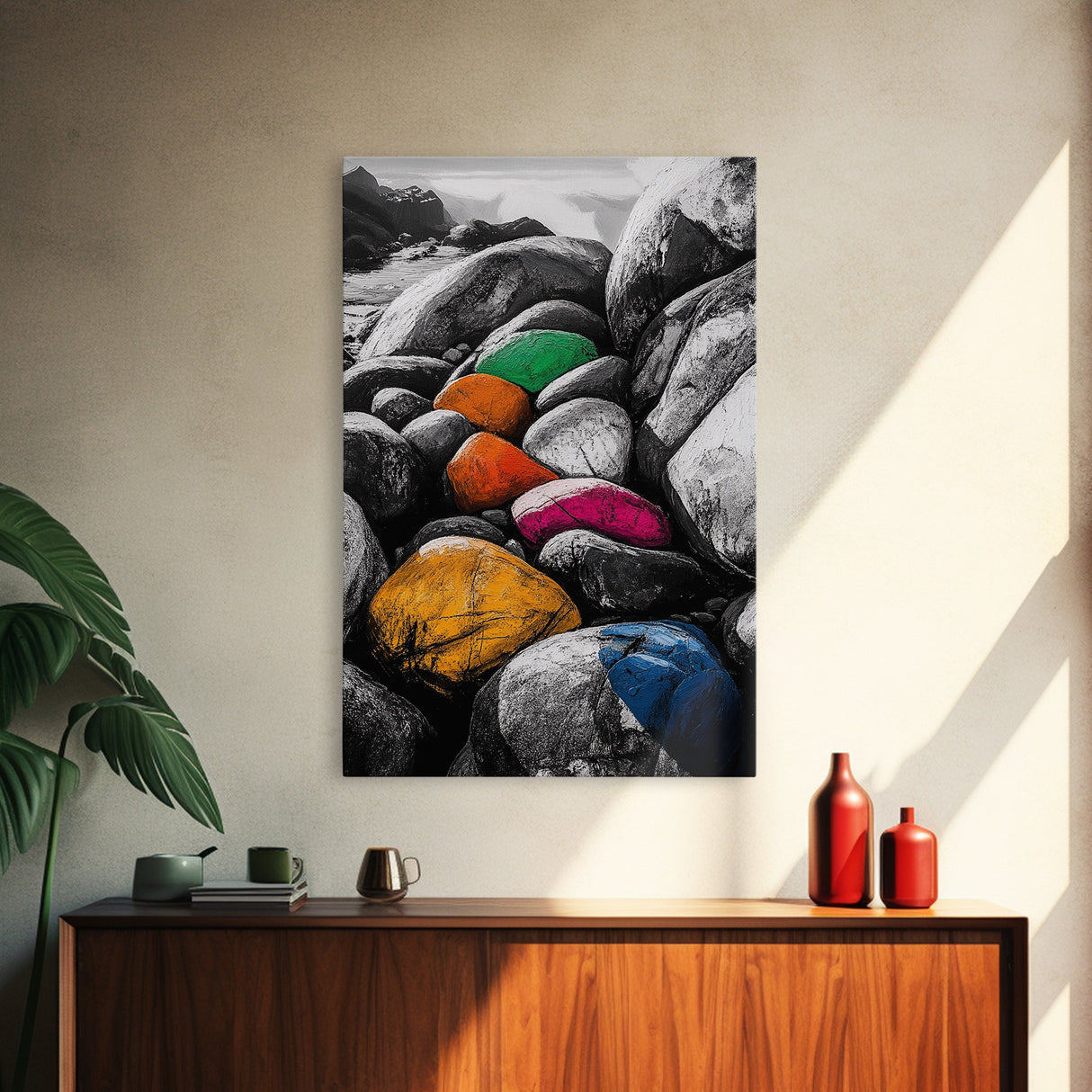 Vibrant Stones, Colorful Art, Modern Abstract, Nature Inspired, Coastal Wall Art, Unique Home Decor, Statement Piece, Framed Canvas Print
