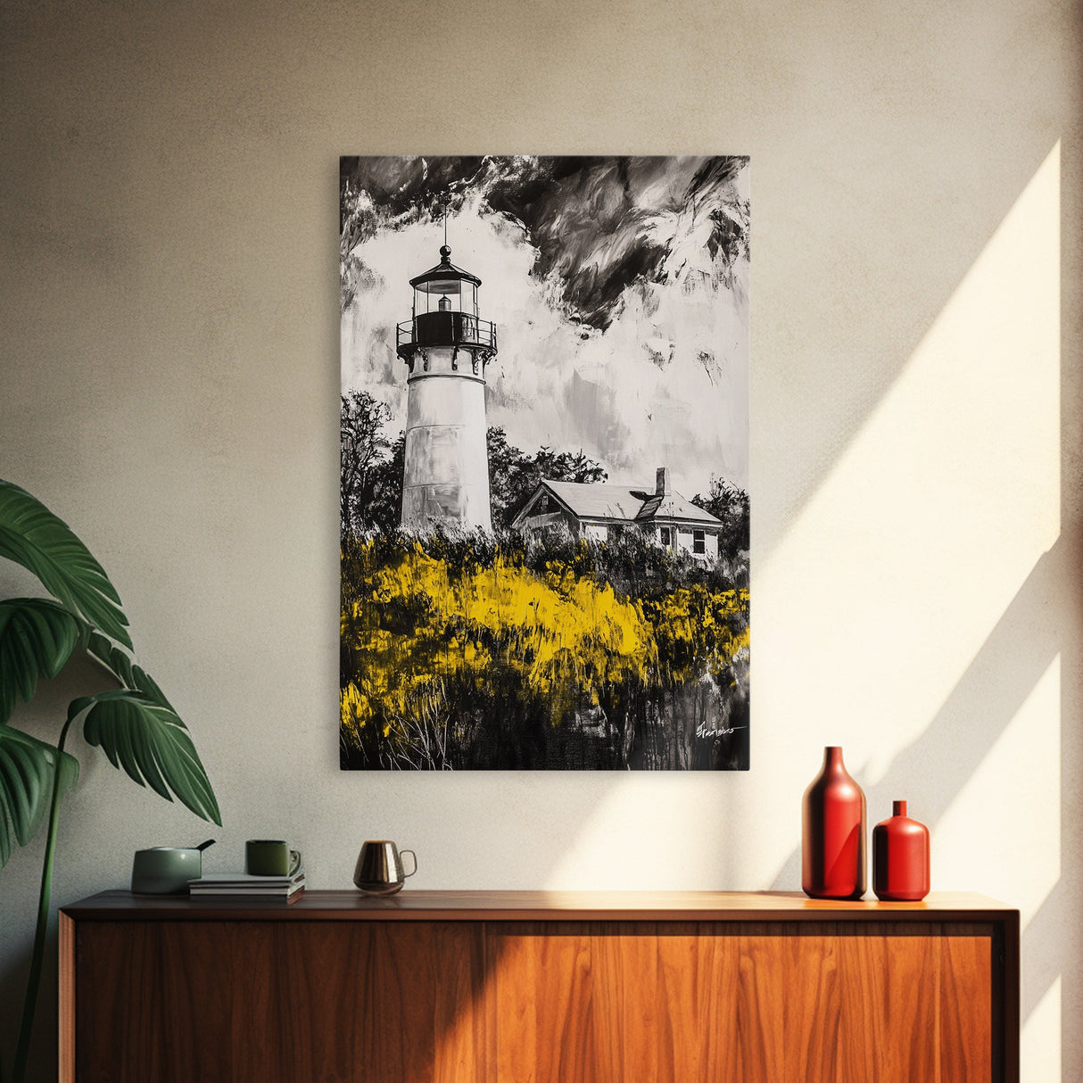 Lighthouse, Coastal Landscape, Nautical Home Art, Black and White Wall Art, Cape Cod Decor, Modern Rustic, Framed Canvas Print, Gift Idea