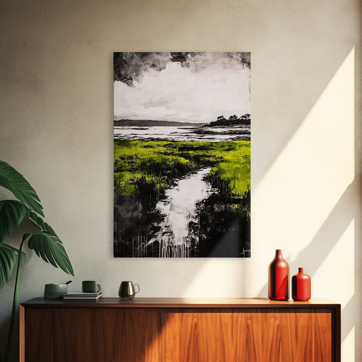 Marsh, Coastal Greenery, Landscape Wall Art, Framed Canvas Print, Nature Aesthetic, Living Room Decor, Serene Scenic View, Rustic Style