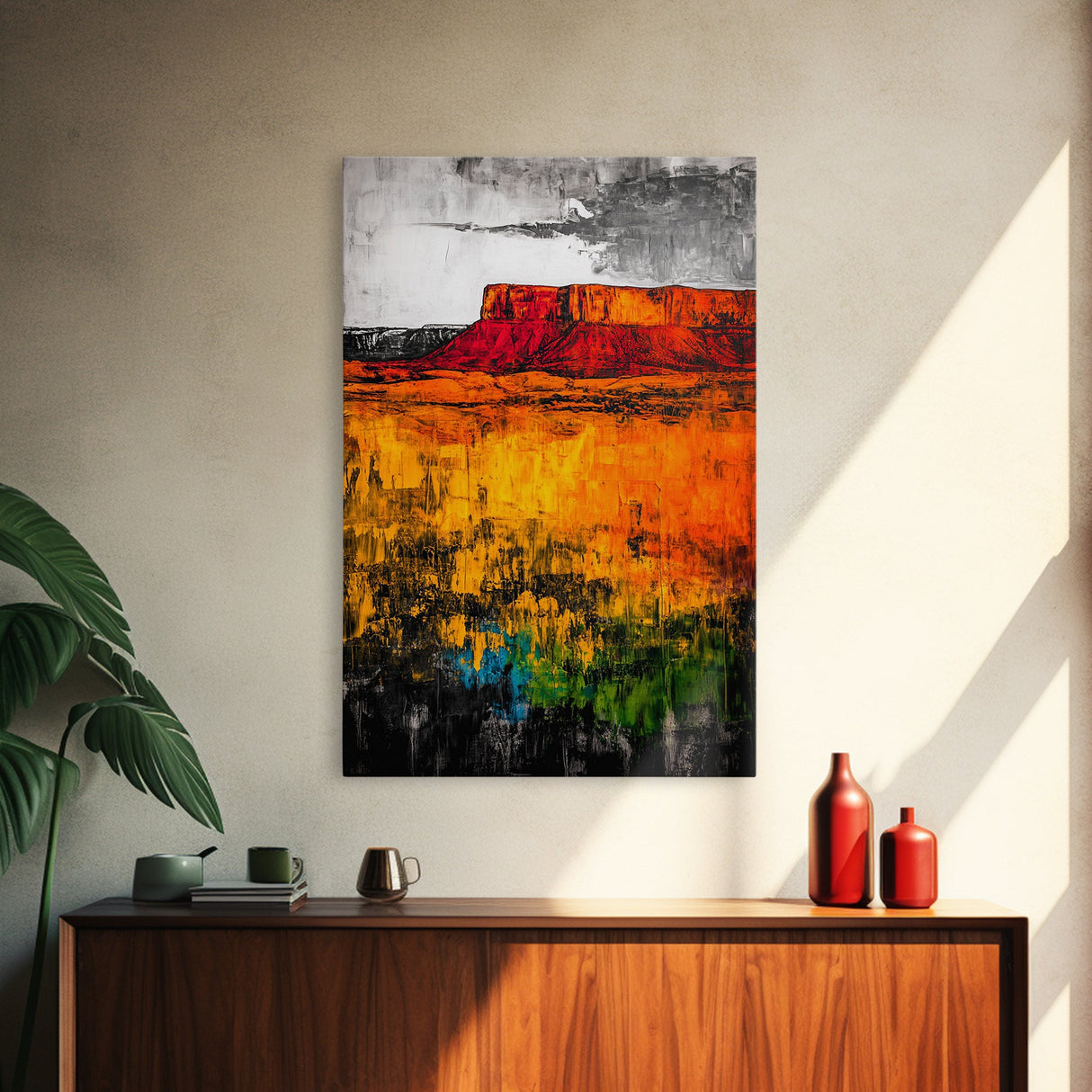Desert Mesa, Western Landscape, Bold Color Wall Art, Sunset Painting, Southwest Decor, Bohemian Style, Framed Canvas Print