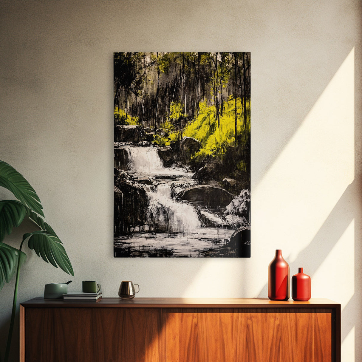 Forest Waterfall, Nature Wall Art, Serene Landscape, Green and Black Art, Tranquil Home Decor, Framed Canvas Print, Bedroom Wall Art