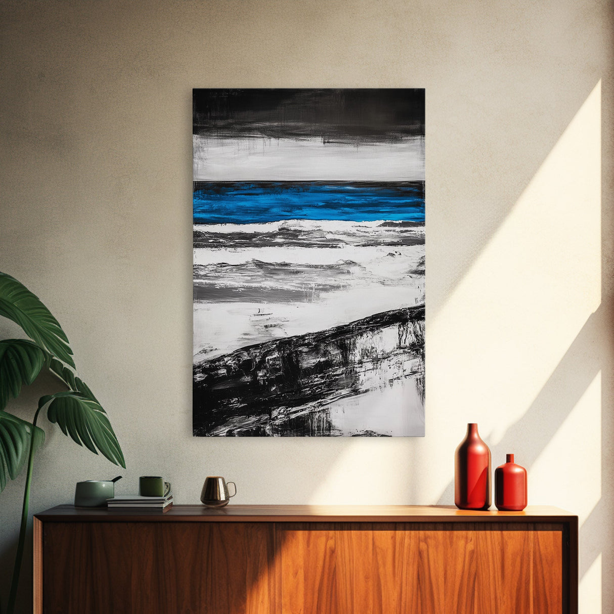 Ocean Horizon, Minimalist Seascape Painting, Black White and Blue Coastal Art, Framed Canvas Print, Modern Living Room or Office Wall Decor