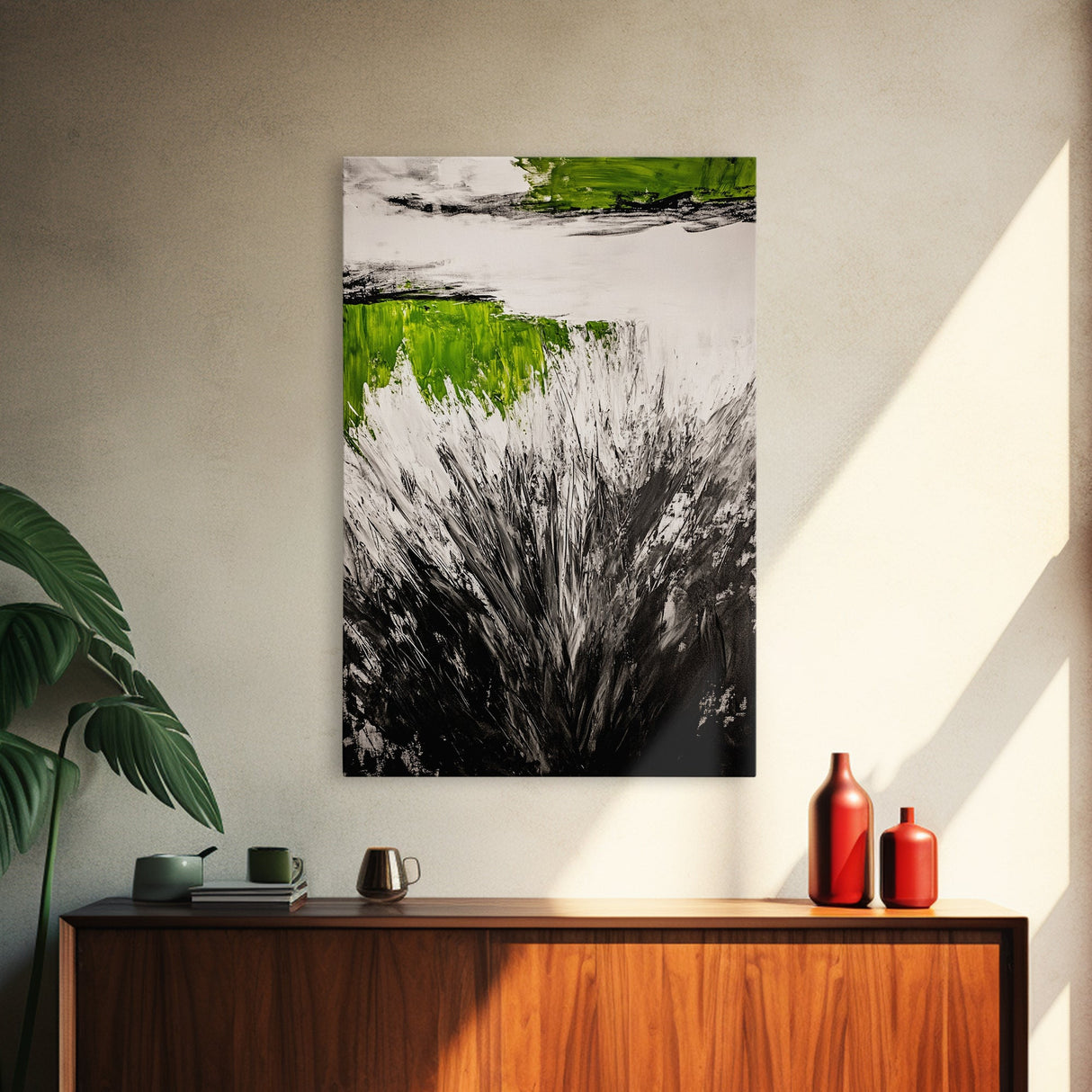Wild Grass, Black and White with Green Accents, Abstract Nature Painting, Framed Canvas Print, Rustic Farmhouse or Living Room Decor