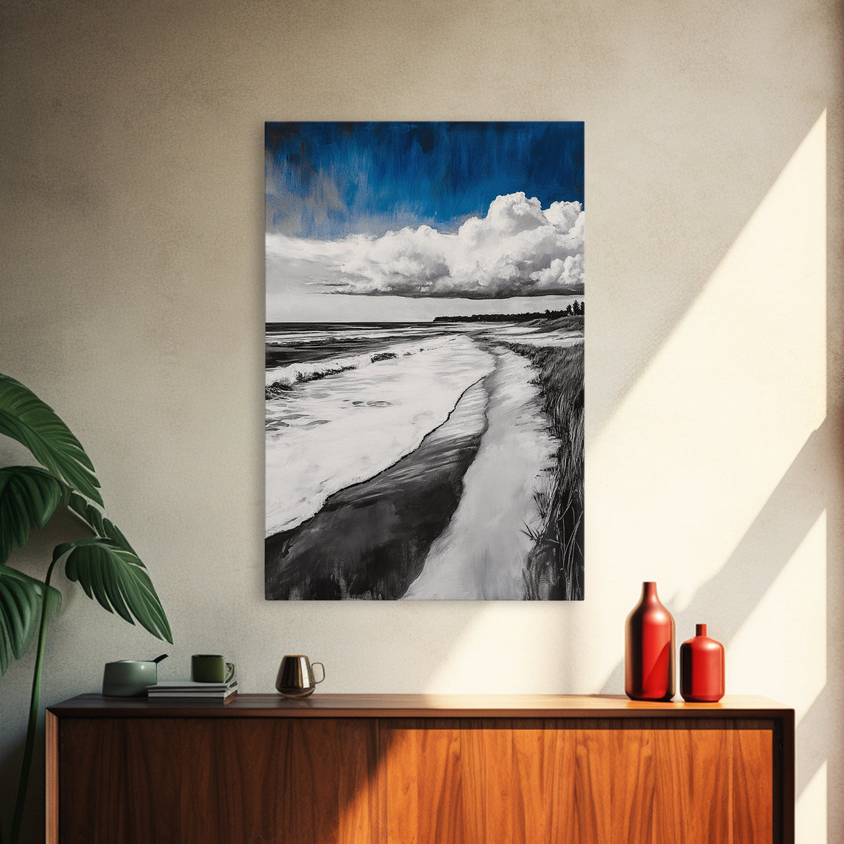 Sandy Path, Tranquil Beach Wall Art, Minimalist Coastal Home Decor, Nature Landscape Print, Ocean Retreat, Framed Canvas Print