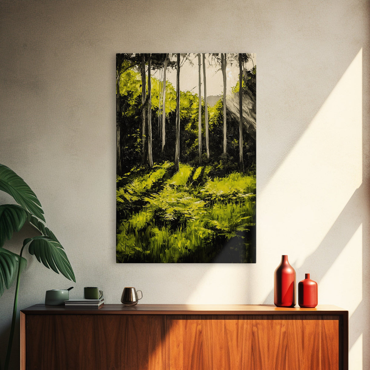 Forest Scene, Green Woodland Art, Sunlit Trees Print, Serene Nature Wall Decor, Cozy Cabin Art, Framed Canvas Print, Rustic Home Decor