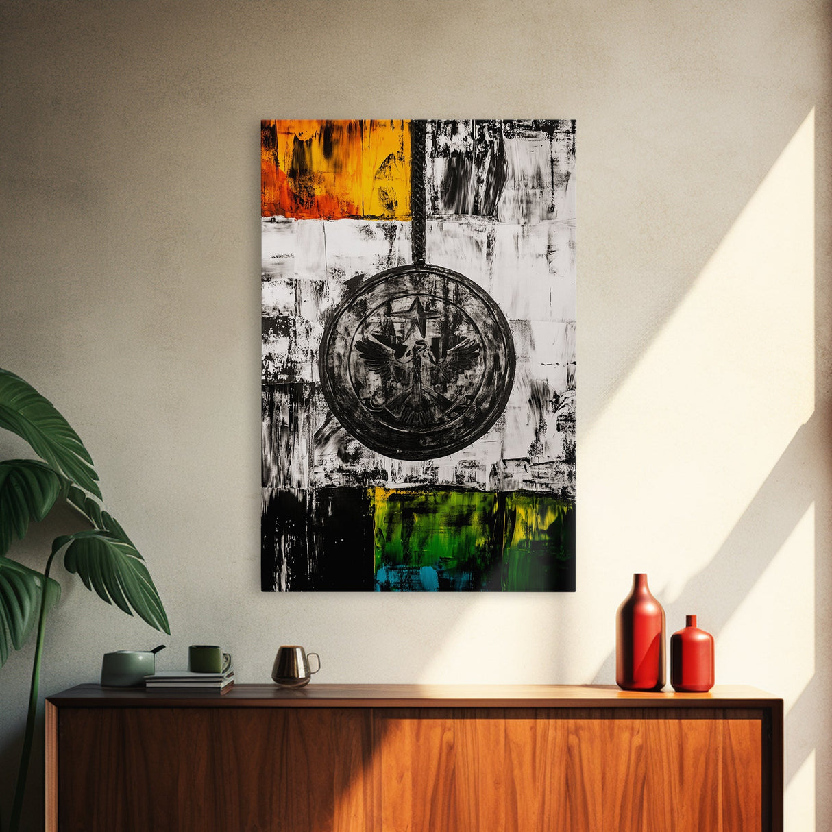 Military Emblem, Abstract, Grunge Art, Symbolic Print, Framed Canvas Print, Office Wall Decor, Patriotic Art, Industrial Style