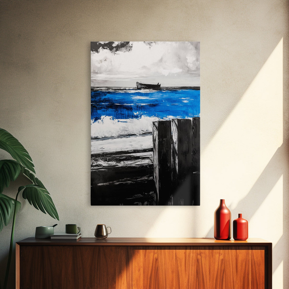 Shipwreck, Abandoned Boat, Blue Ocean, Dramatic Scene, Framed Canvas Print, Rustic Wall Art, Nautical Decor, Adventure Themed Art