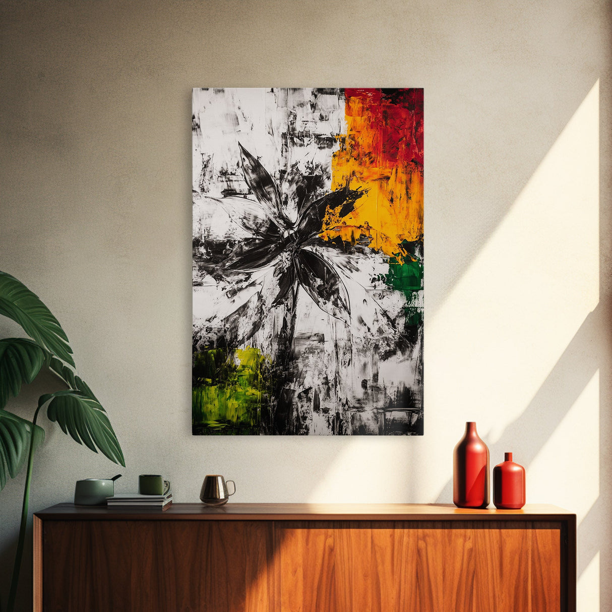 Black and White Flower, Abstract Floral Art, Bold Modern Decor, Minimalist Botanical Framed Canvas Print, Contemporary Bedroom Wall Art