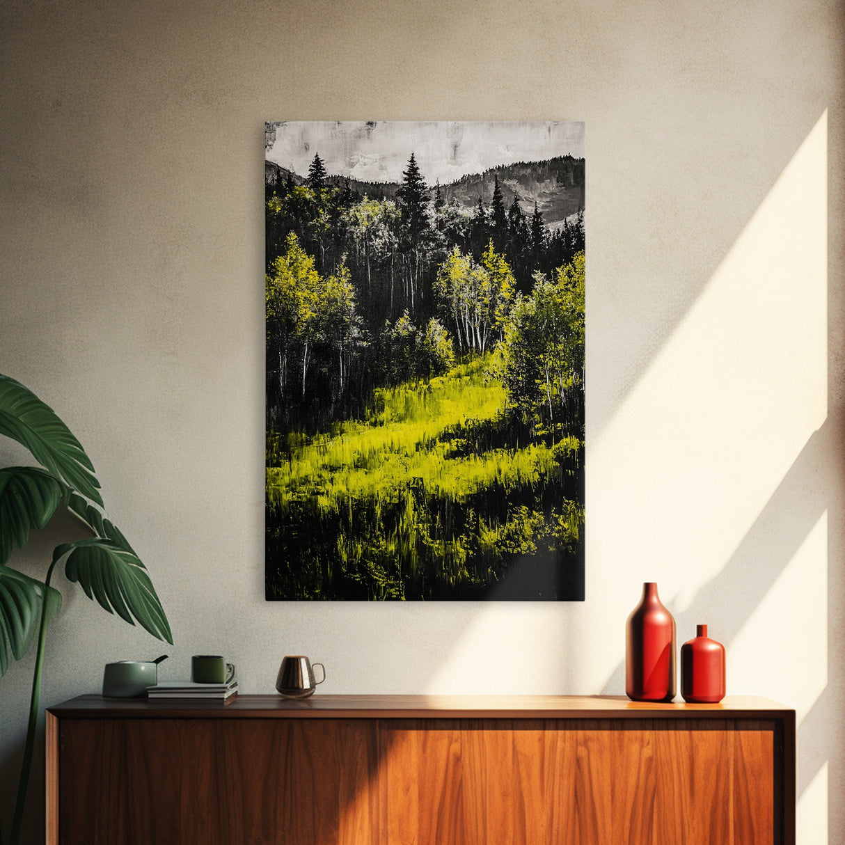 Forest Glow, Golden Trees, Nature Wall Art, Canvas Print, Mountain Landscape, Woodland Scene, Autumn Decor, Cabin Home Style, Moody Tones