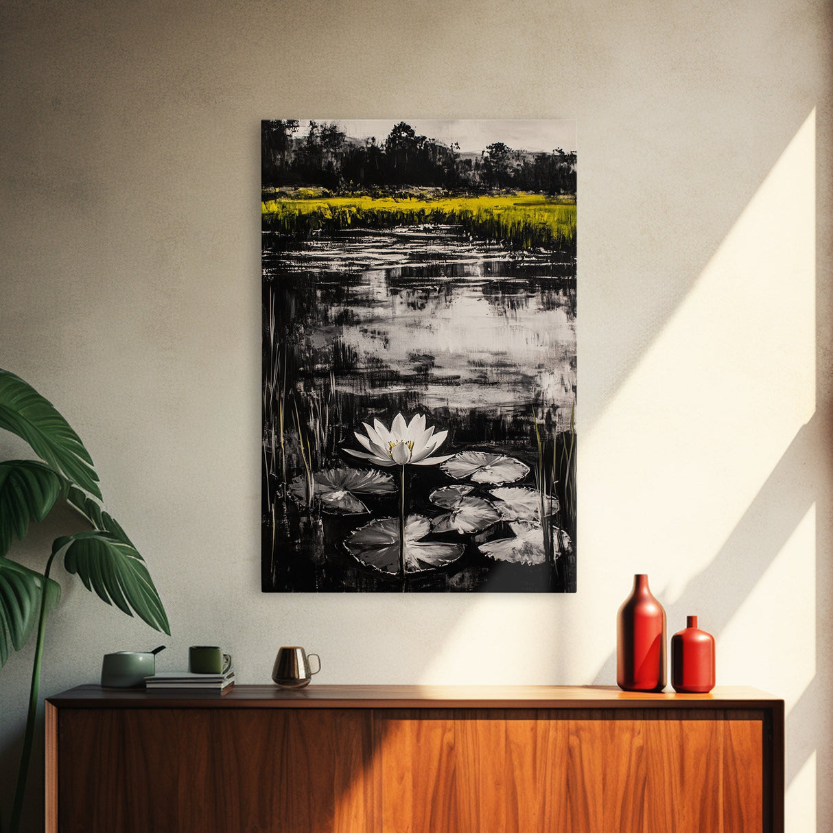 Water Lily, Tranquil Pond Scene, Zen Nature Decor, Floral Botanical Print, Relaxing Bedroom Wall Art, Framed Canvas Print