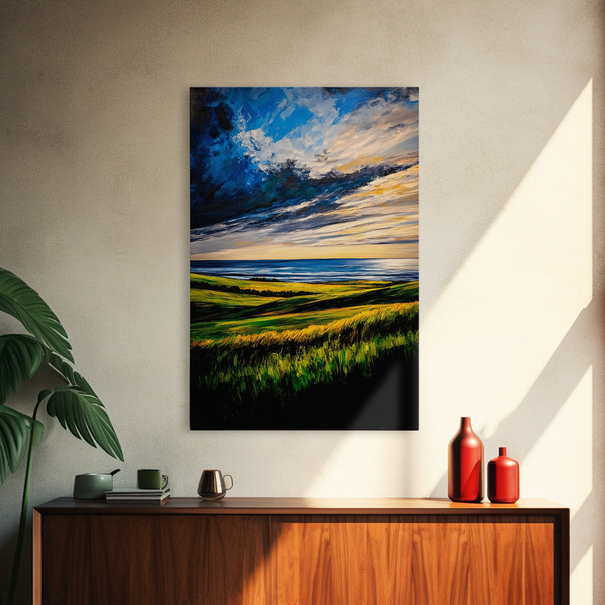 Sunset Over Hills, Coastal Fields, Dramatic Sky, Nature Wall Art, Framed Canvas Print, Vibrant Home Decor, Rolling Landscape, Ocean View