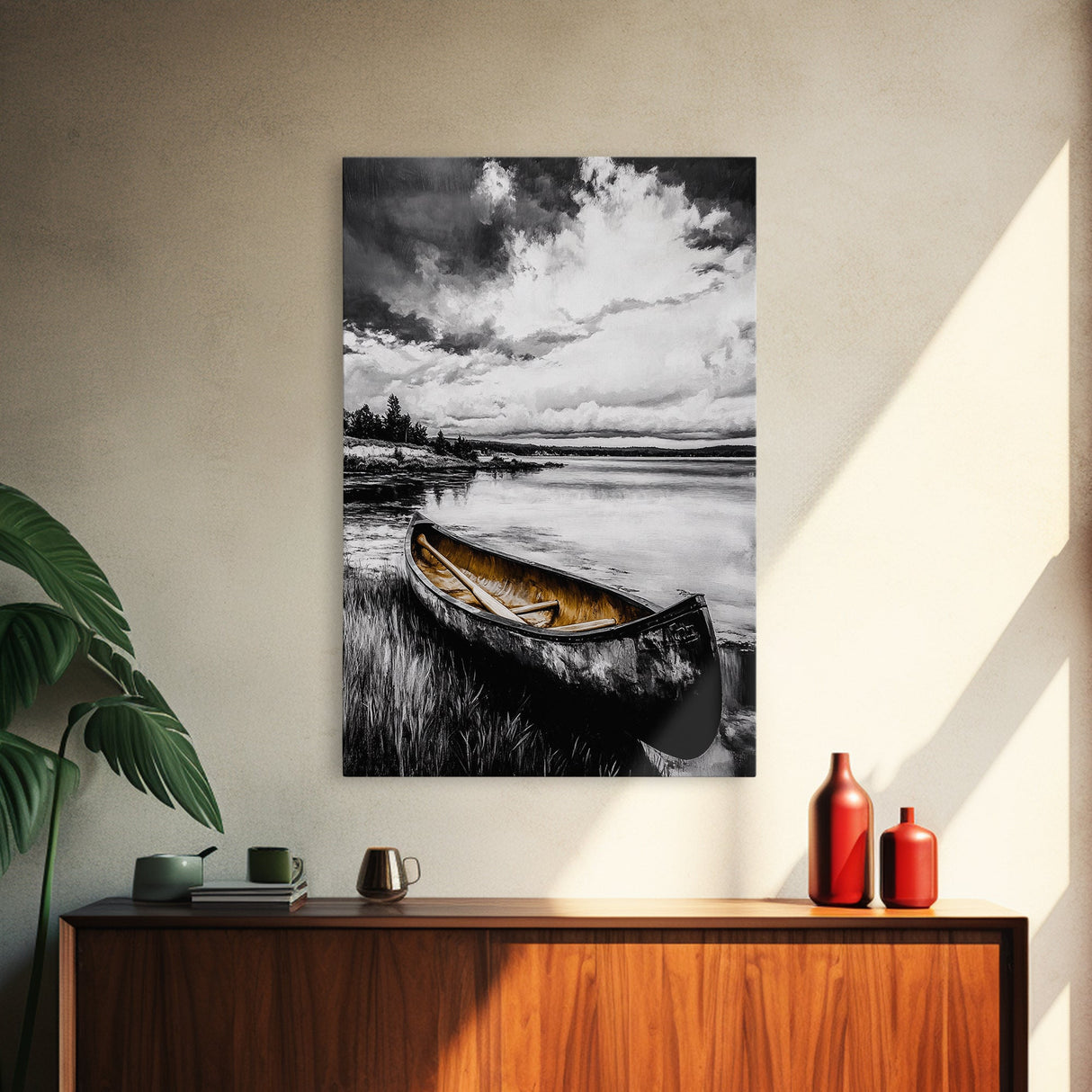 Rustic Canoe, Lake Wall Art, Black and White Decor, Nature Photography, Lodge Wall Decor, Cabin Art, Wilderness Print, Framed Canvas Print