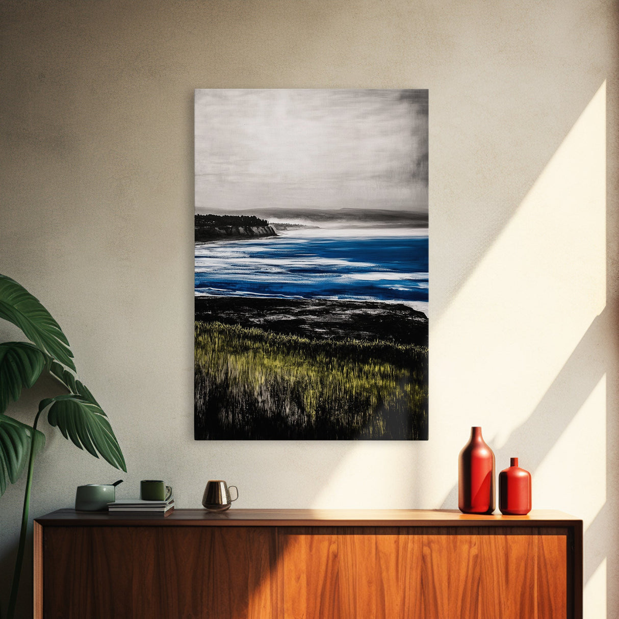 Misty Coast, Cliffside View, Ocean Horizon, Framed Canvas Print, Coastal Home Decor, Nautical Painting, Minimalist Wall Art