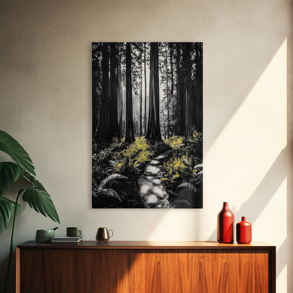 Redwood Forest, Tall Trees, Nature Path, Canvas Print, Moody Wall Art, Black and White Painting, Rustic Home Decor, Cabin Artwork