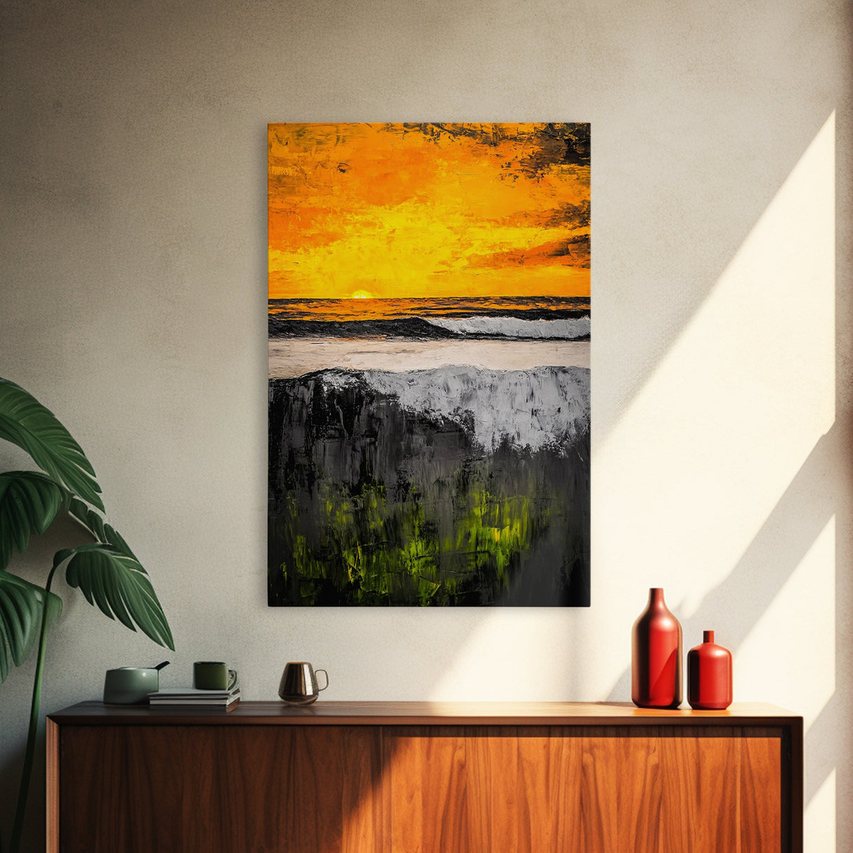 Fiery Sunset, Ocean Waves, Golden Sky, Framed Canvas Print, Tropical Beach Art, Coastal Decor, Living Room Wall Art, Bold Colors