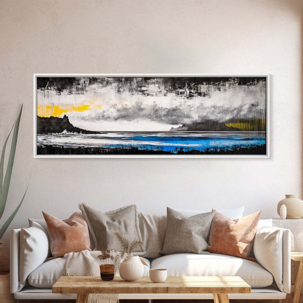 Stormy Ocean, Coastal Scene, Framed Canvas Print, Black and White Wall Art, Dramatic Seascape, Office Decor, Moody Landscape Painting