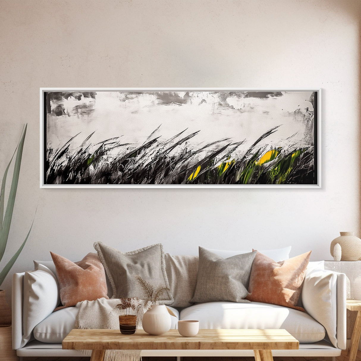Grassy Field Painting, Minimalist Art, Nature Inspired, Modern Wall Decor, Black and White Art, Framed Canvas Print, Office Wall Art