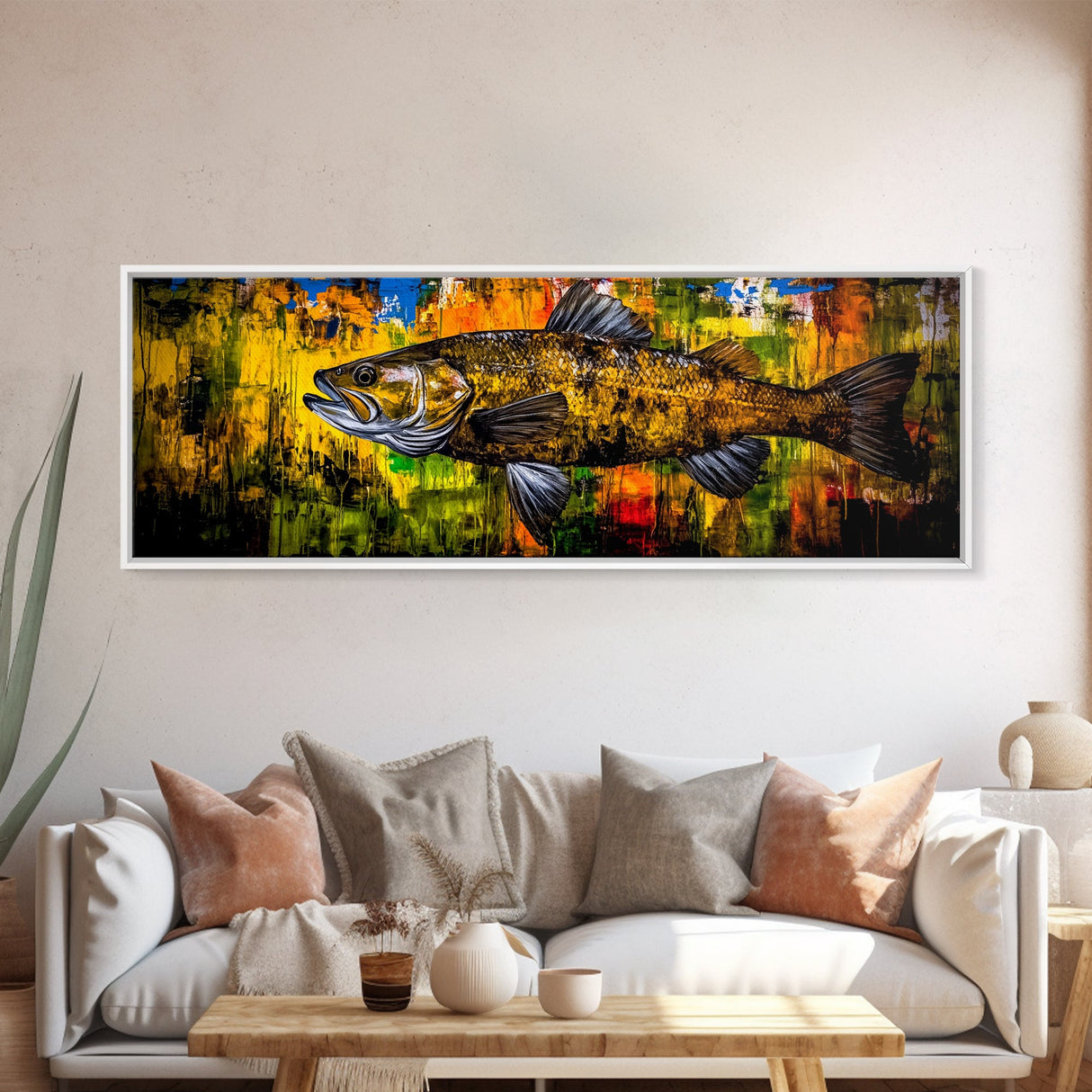 Vibrant Fish Painting, Rustic Fishing Wall Art, Colorful Wildlife Print, Cabin Wall Decor, Nature Canvas Print, Framed Canvas Print