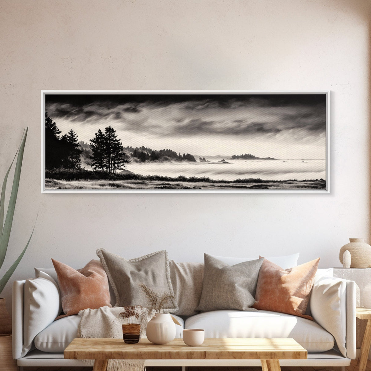 Misty Forest, Black and White Landscape, Minimalist Art, Large Wall Decor, Living Room Wall Art, Framed Canvas Print, Rustic Home Decor