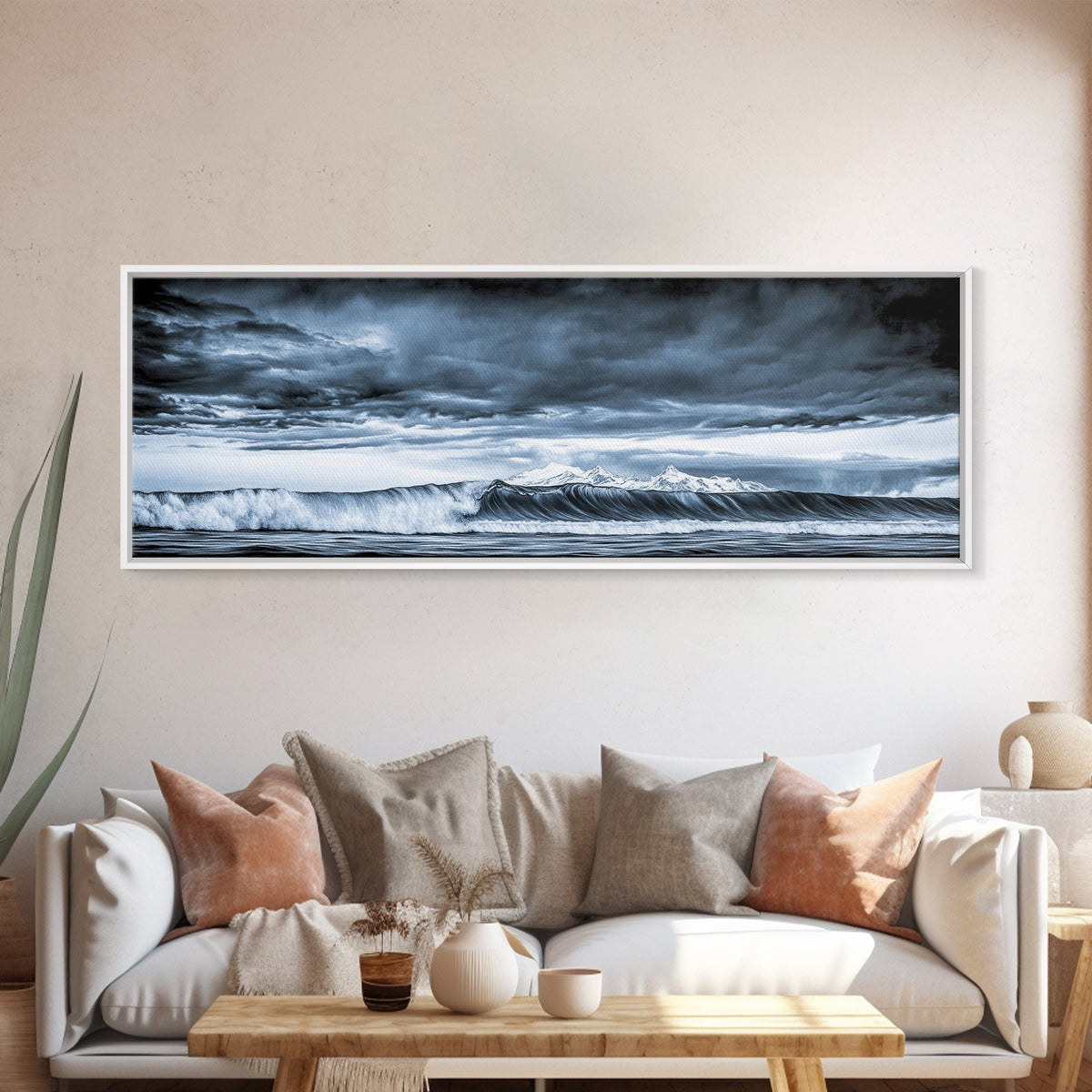 Blue Ocean, Stormy Waves, Mountain Seascape, Canvas Print, Coastal Wall Art, Nautical Home Decor, Living Room Art, Large Modern Print