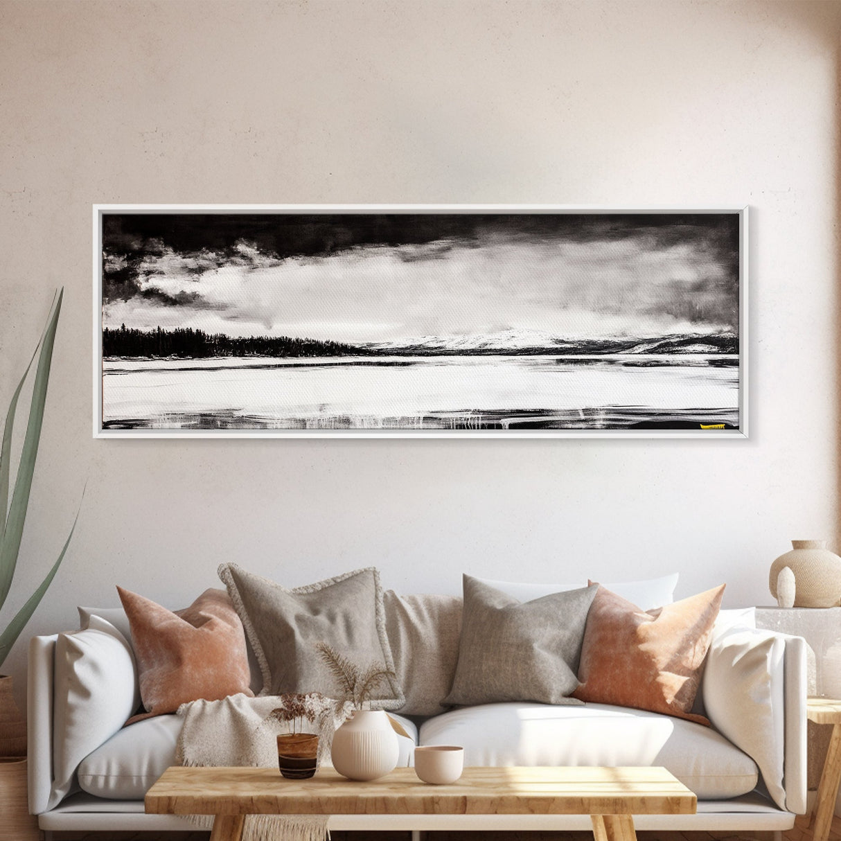 Snowy Lake Scene, Minimalist Landscape, Framed Canvas Print, Winter Wall Art, Serene Home Decor, Modern Office Art, Monochrome Nature Painting