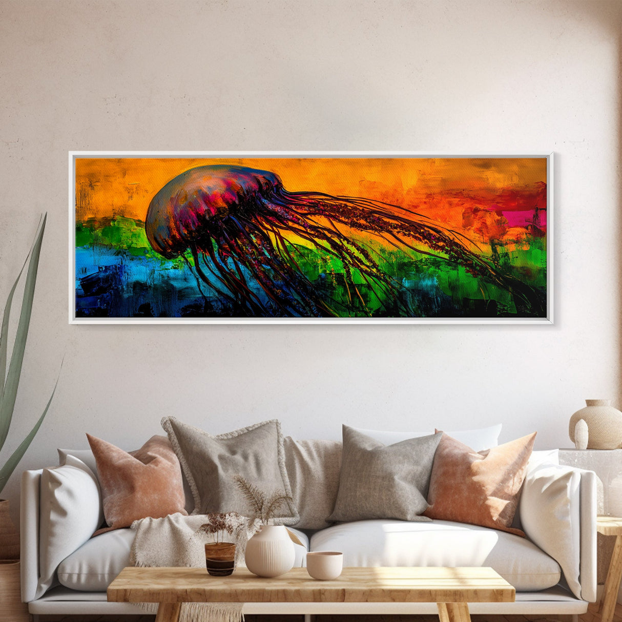 Jellyfish Art, Ocean Canvas Print, Vibrant Sea Life, Coastal Decor, Colorful Nautical Art, Modern Beach House, Living Room Wall Art