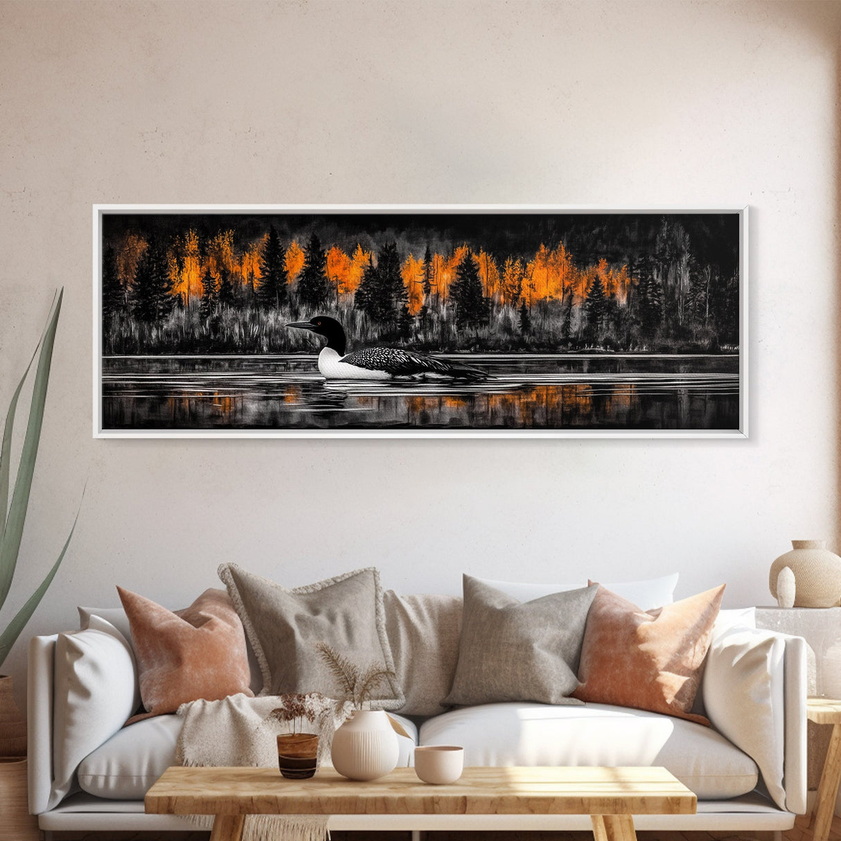 Autumn Lake, Wildlife Wall Art, Loon Bird Painting, Fall Nature Scene, Framed Canvas Print, Cabin Wall Art, Rustic Decor, Warm Fall Colors