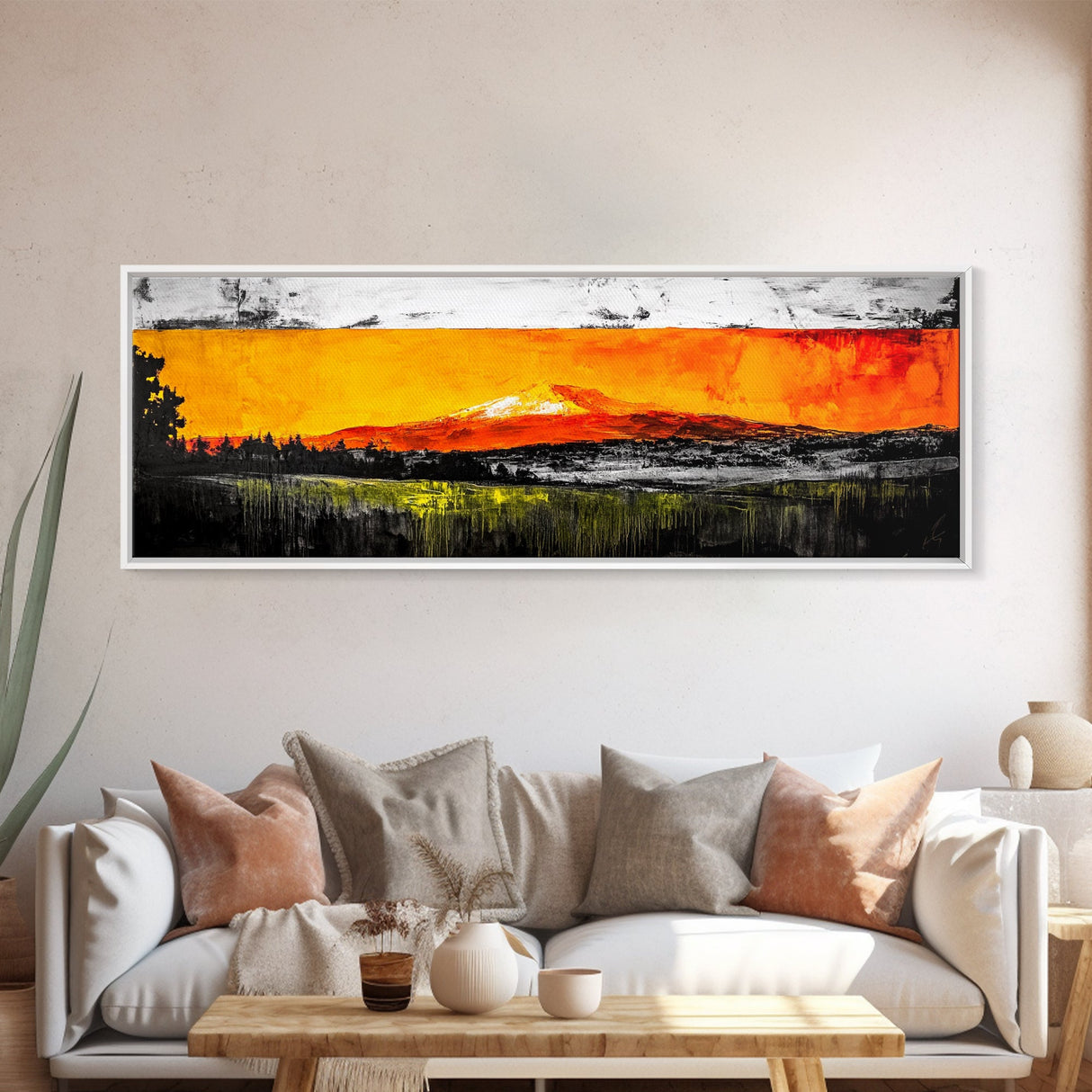 Fiery Peaks, Mountain Sunset, Landscape Painting, Framed Canvas Print, Rustic Home Art, Living Room Decor, Bold Wall Art
