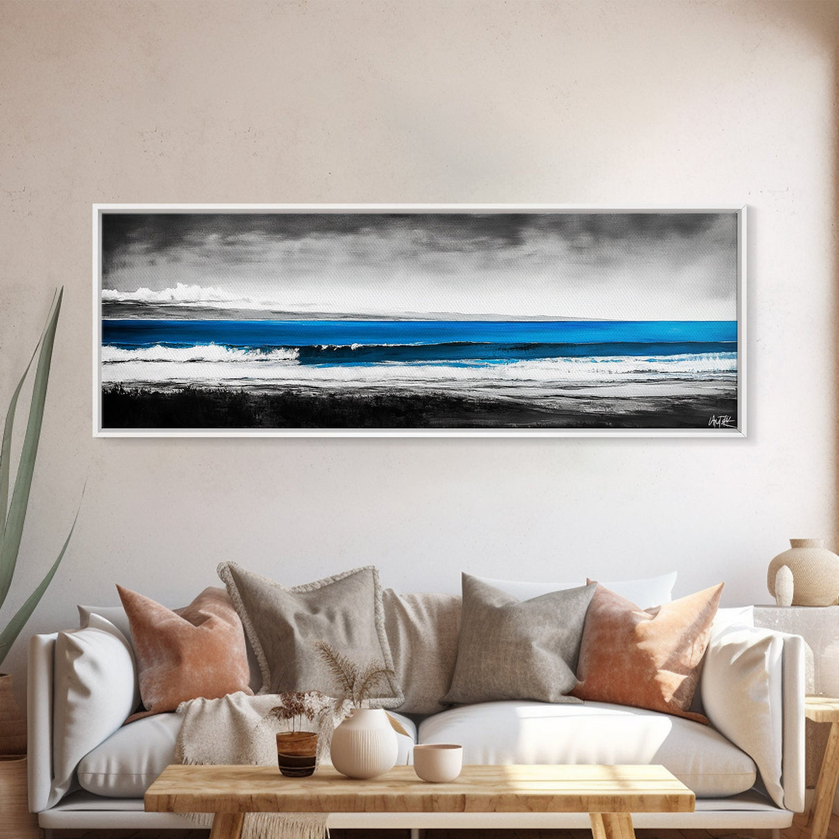 Tranquil Beach, Ocean Horizon, Black and White Art, Coastal Landscape, Framed Canvas Print, Modern Home Decor, Office Wall Art