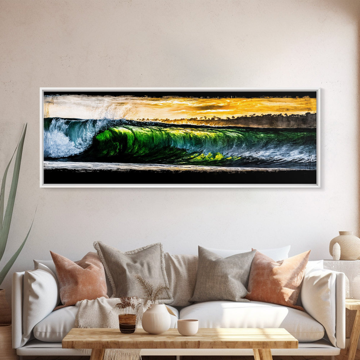 Tropical Wave, Green Ocean, Sunset Beach, Coastal Vibes, Canvas Print, Large Wall Art, Living Room Decor, Surf Style