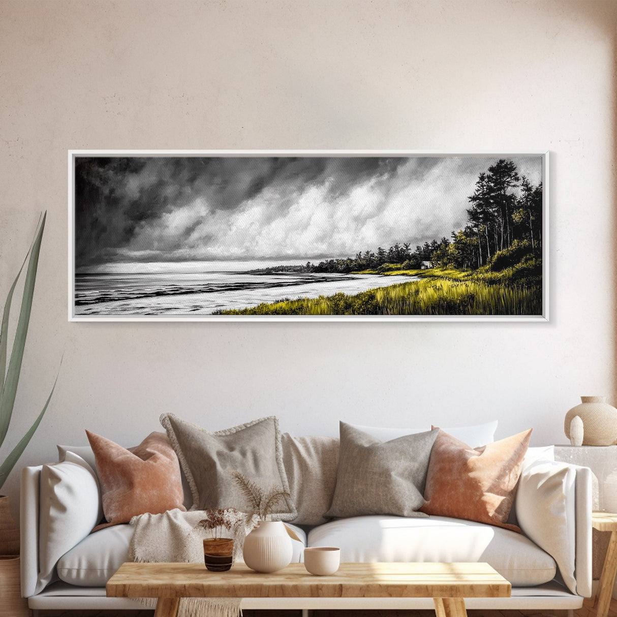 Stormy Coast, Dramatic Sky, Seaside Serenity, Framed Canvas Print, Black and White Art, Large Wall Decor, Living Room Statement