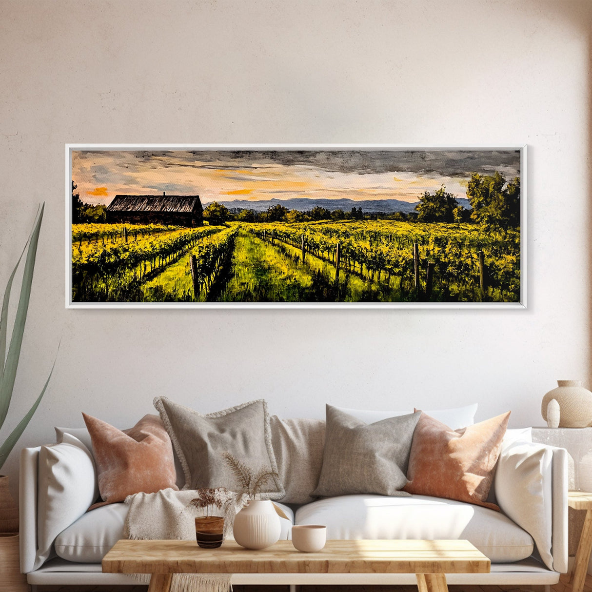 Vineyard Painting, Countryside Art, Framed Canvas Print, Rustic Farmhouse Decor, Landscape Wall Art, Warm Autumn Colors, Dining Room Art