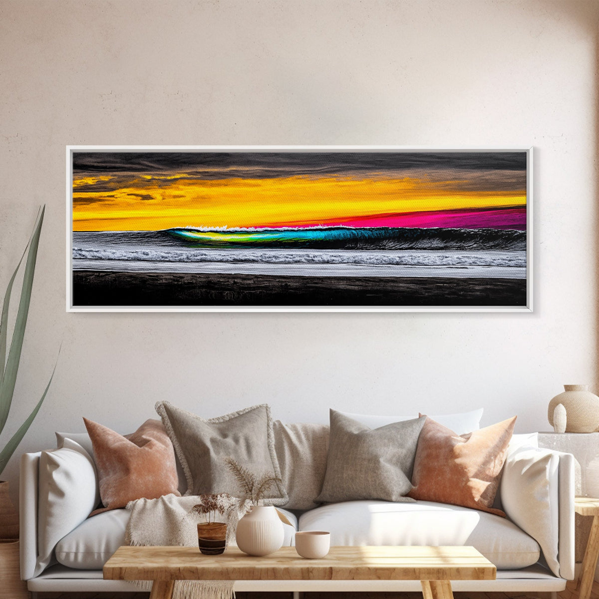 Ocean Wave, Sunset Beach Art, Vibrant Seascape, Coastal Decor, Surfer Gift, Blue and Yellow, Modern Wall Art, Canvas Print