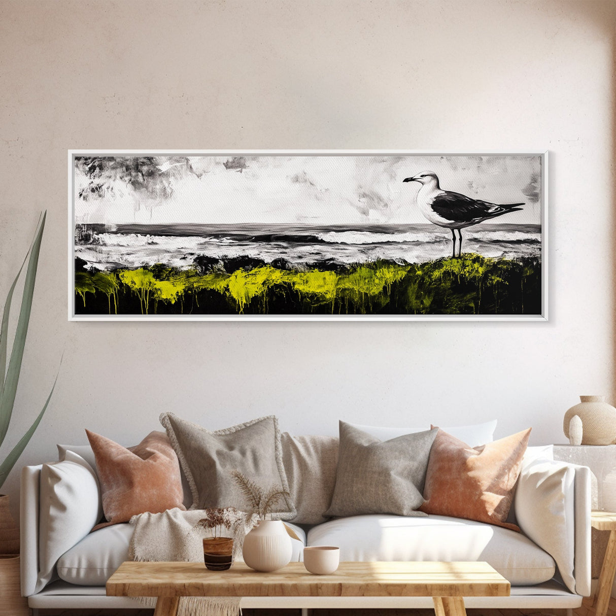 Seagull Perch, Ocean Shore, Moody Sky, Framed Canvas Print, Coastal Wall Art, Beach House Decor, Nautical Artwork, Nature Inspired