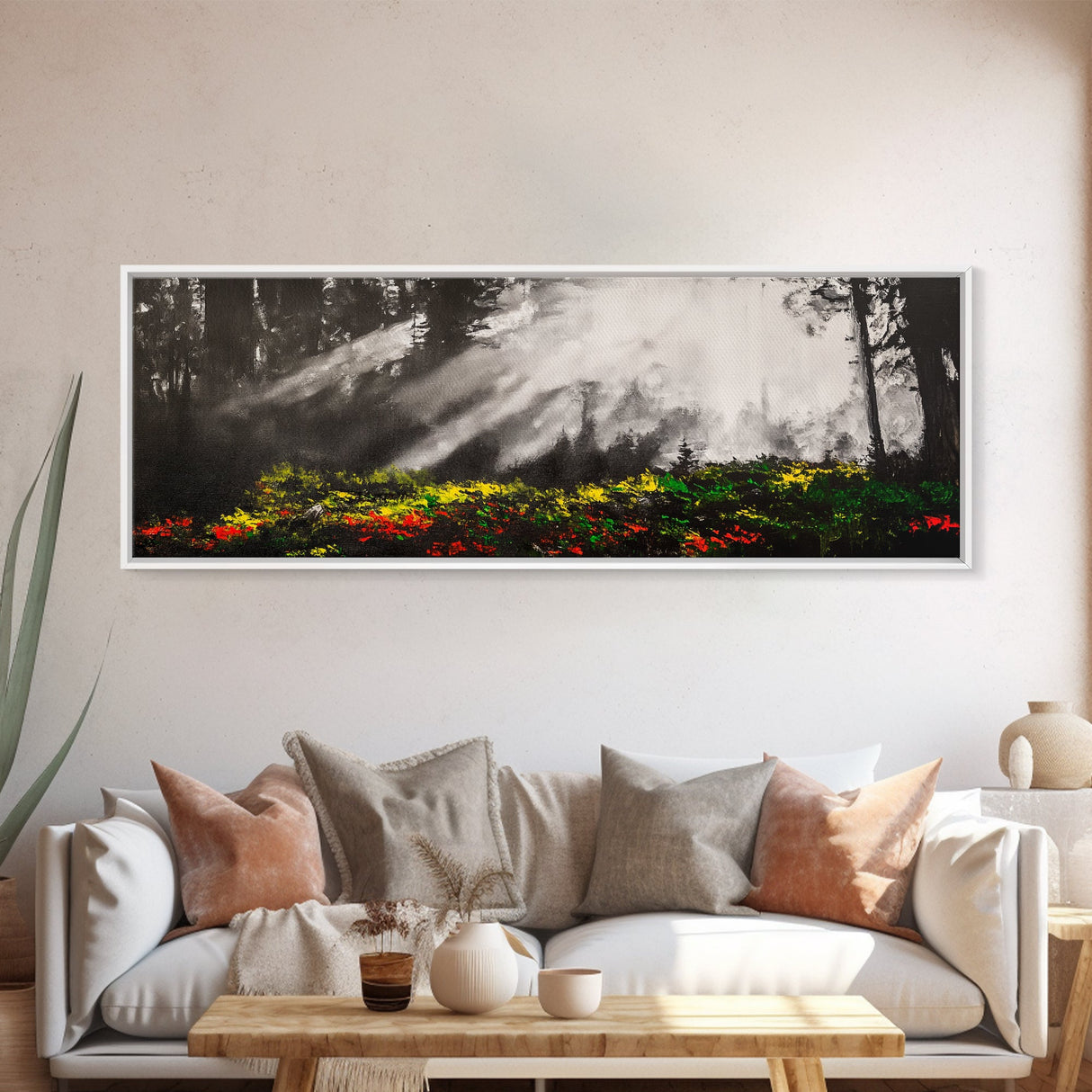 Sunlit Forest, Nature Pathway, Woodland Wall Art, Framed Canvas Print, Autumn Landscape Painting, Cozy Cabin Decor, Rustic Home Art