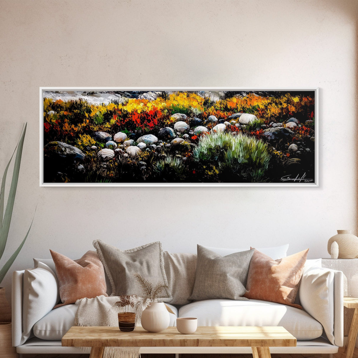 Rocky Shoreline, Wildflowers, Coastal Landscape, Framed Canvas Print, Autumn Beach Scene, Rustic Nature Painting, Entryway Wall Art