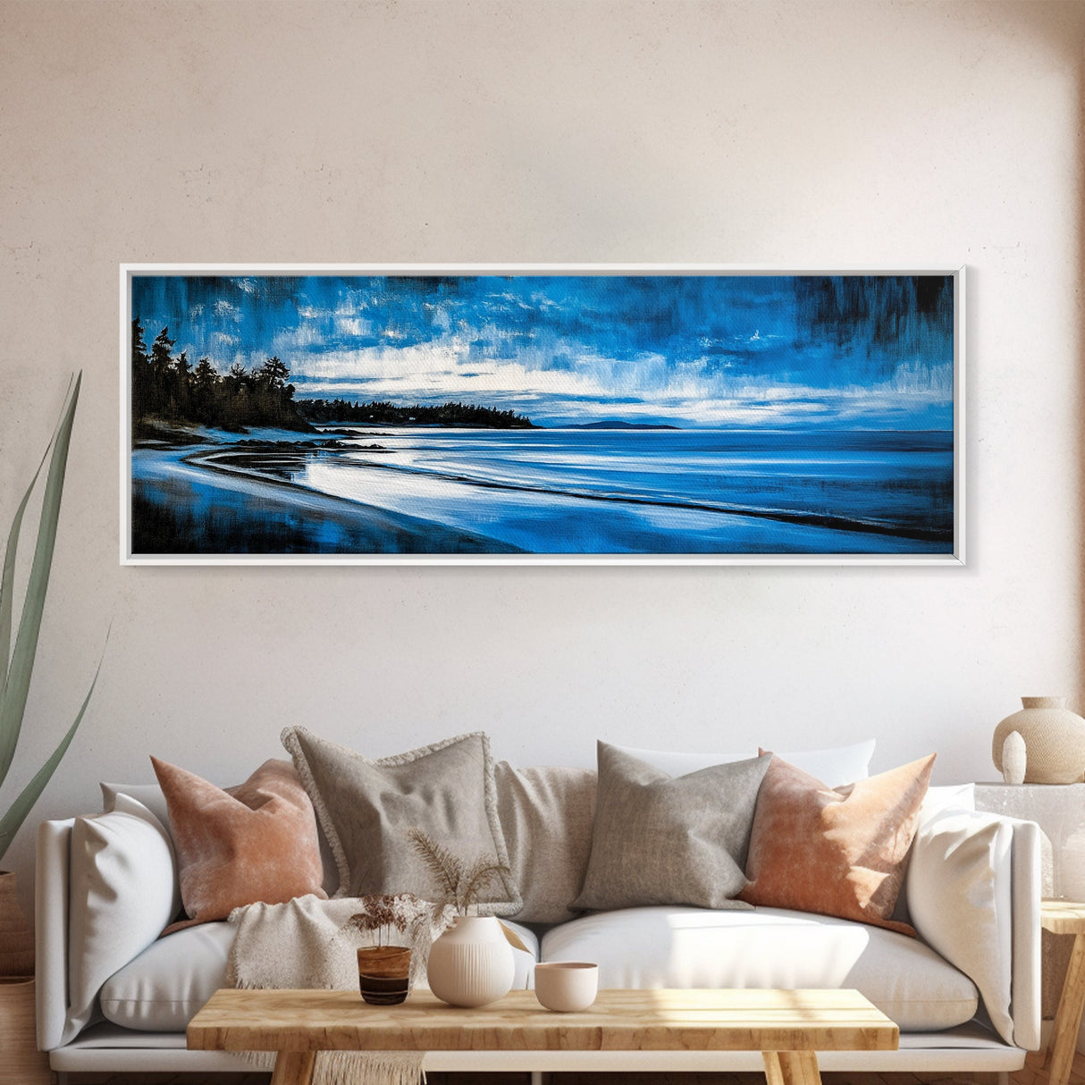 Blue Horizon, Twilight Seascape, Tranquil Beach Wall Art, Canvas Print, Calming Coastal Painting, Bedroom Relaxation Decor, Ocean Serenity