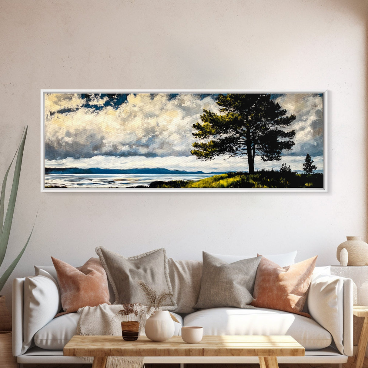Scenic Tree, Nature Landscape Painting, Coastal Art Print, Living Room Wall Art, Tranquil Home Decor, Framed Canvas Print, Gift Idea