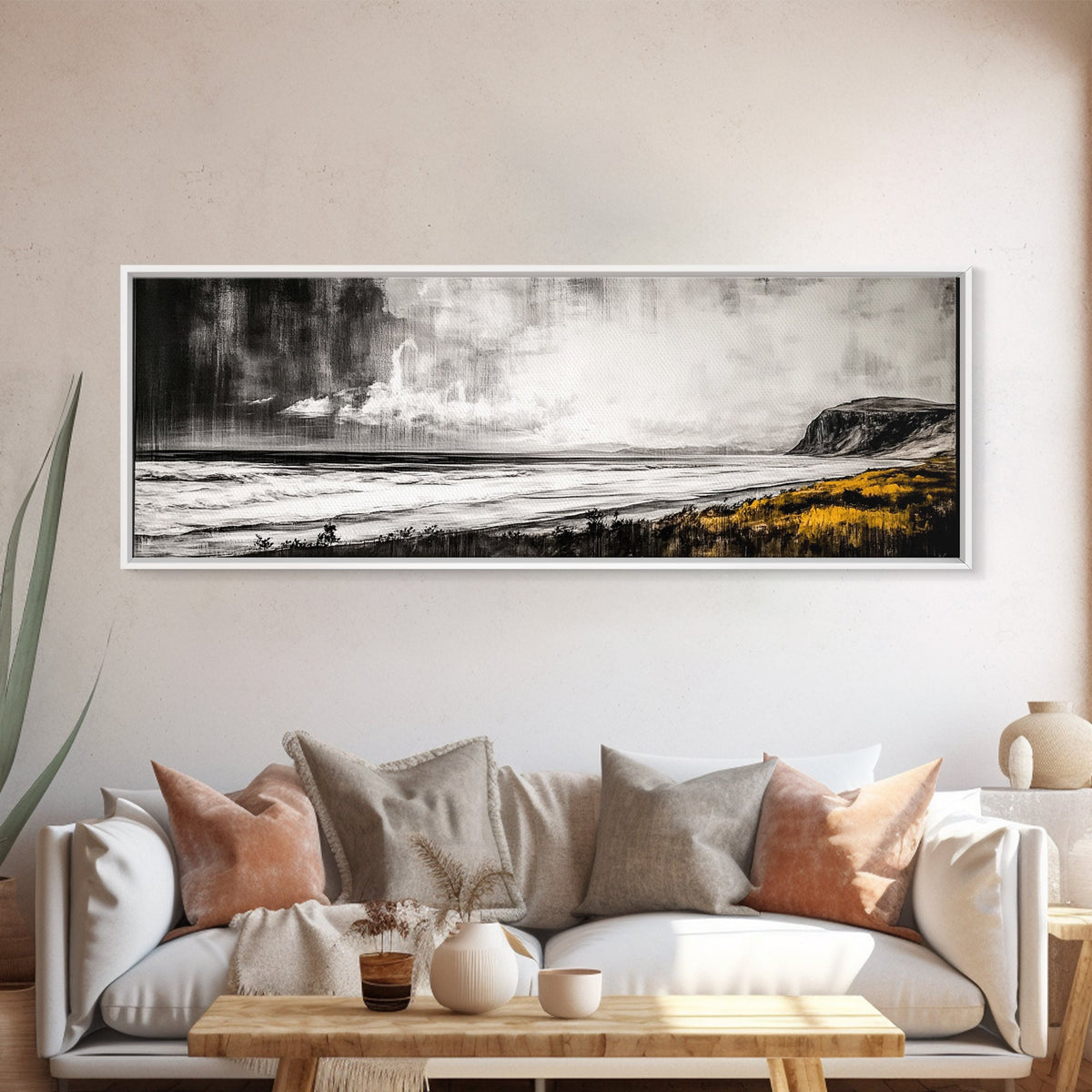 Rainy Coast, Moody Seascape, Black and White Art, Framed Canvas Print, Minimalist Wall Art, Beach House Decor, Ocean Landscape, Large Art