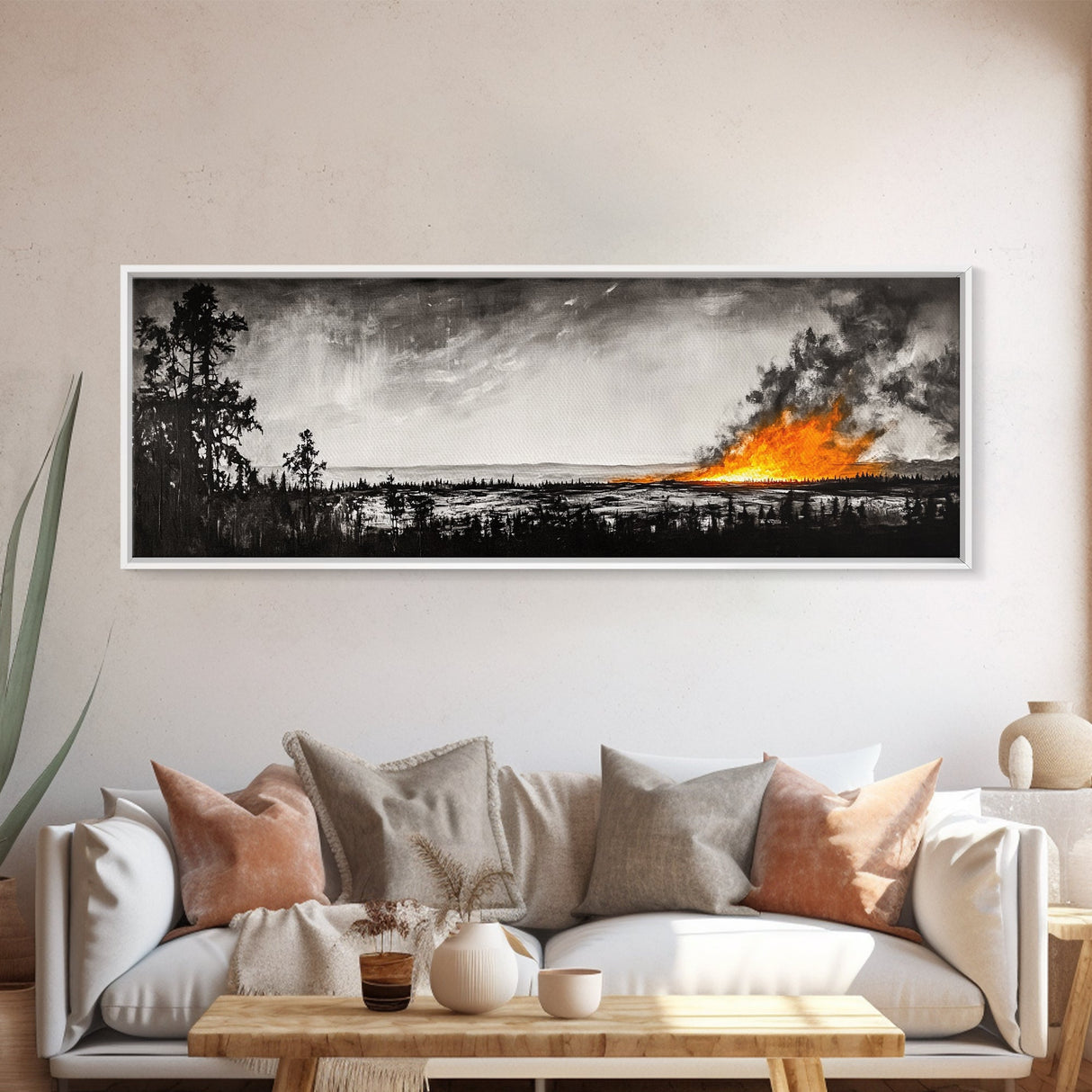 Wildfire Horizon, Dramatic Nature Art, Wilderness Wall Decor, Canvas Print, Black and White Art, Abstract Fire Painting, Rustic Home Art