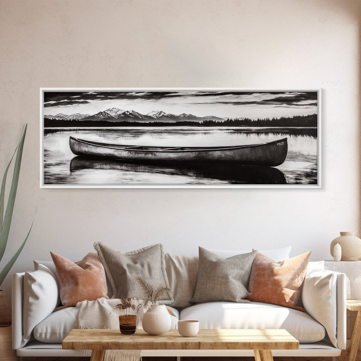 Mountain Reflections, Canoe Art, Wilderness Wall Decor, Canvas Print, Black and White Landscape, Lake House Art, Rustic Cabin Art