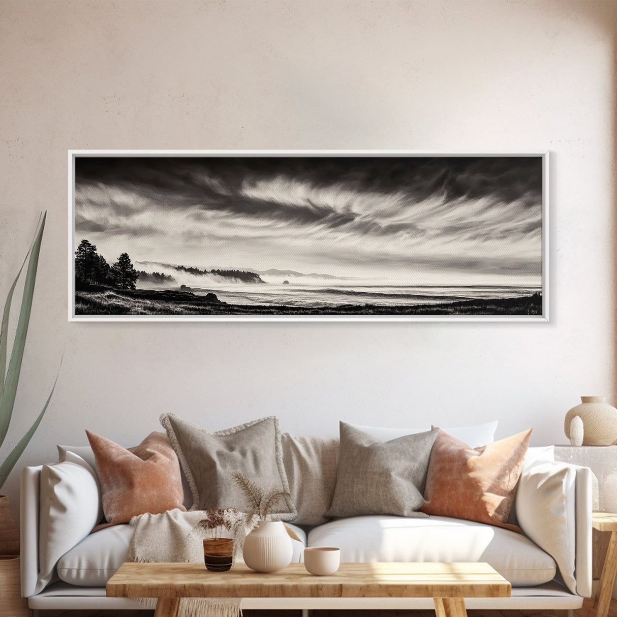 Ocean Waves, Stormy Sky, Dramatic Clouds, Canvas Print, Black and White Landscape, Coastal Wall Art, Living Room Decor, Minimalist Painting