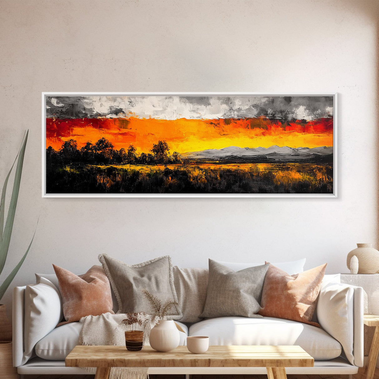 Fiery Sunset Painting, Autumn Sky Artwork, Warm Nature Landscape, Bold Fall Wall Decor, Rustic Cabin Art, Framed Canvas Print