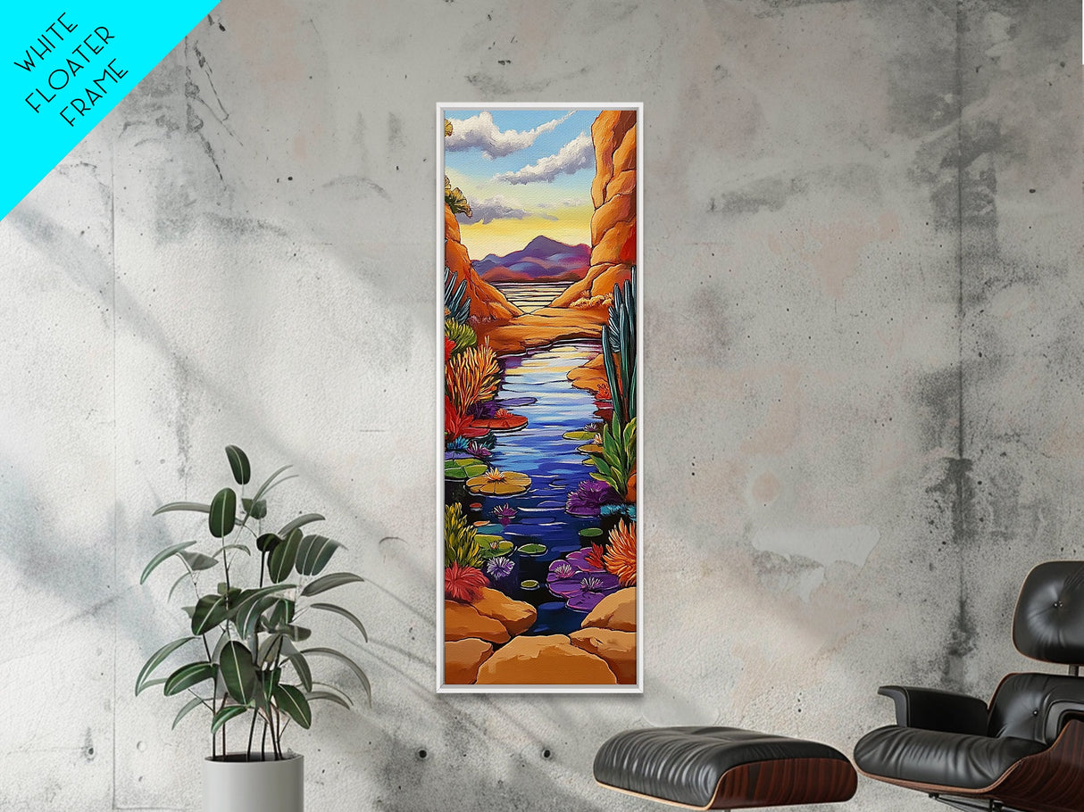 Pond Lilies, Canyon Scene, Framed Canvas Print, colorful lily pond canyon art, desert blooms, bold nature painting, dining room wall art